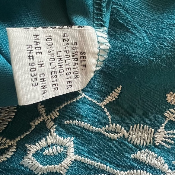 Women’s Embroidered Boho Mini Dress Teal Long Puff Sleeve - Picture 12 of 13